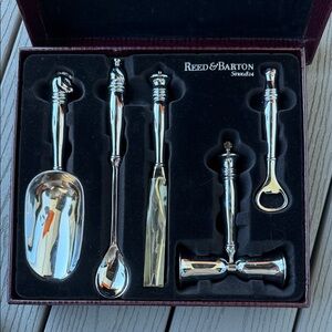Reed & Barton Silver Plated Cocktail Bar Set 5 Piece Chess Theme NIB